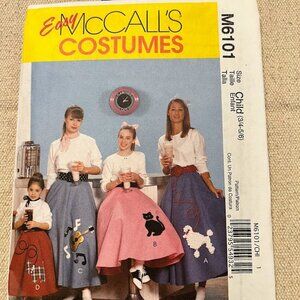 McCalls Sewing Pattern Girls Poodle Skirt Costume Sz 3/4 to 5/6 Uncut 6101